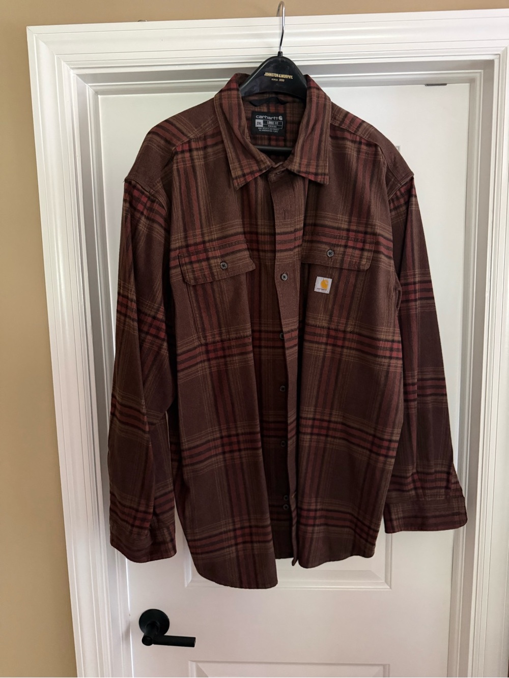 Carhartt Men's Brown and Maroon Plaid Button-Down Shirt